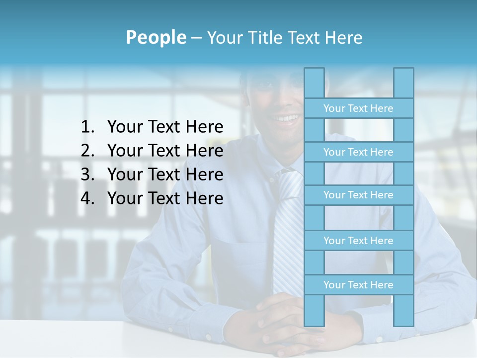 A Man In A Blue Shirt And Tie Sitting At A Table PowerPoint Template