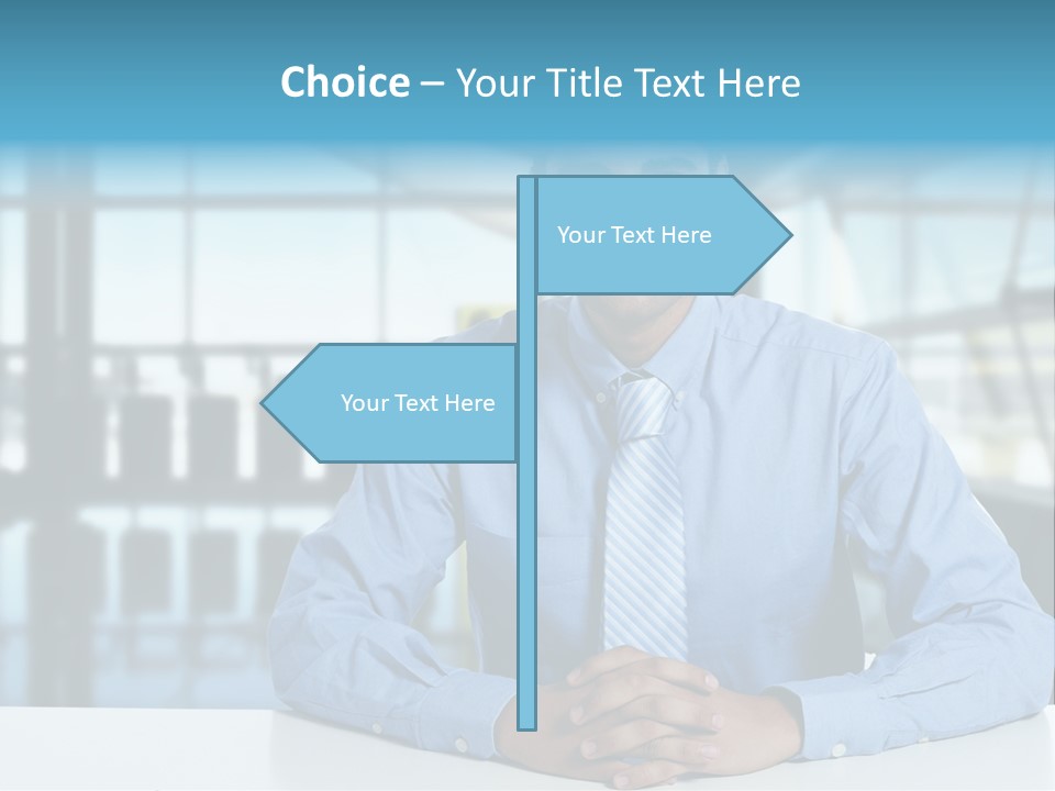 A Man In A Blue Shirt And Tie Sitting At A Table PowerPoint Template