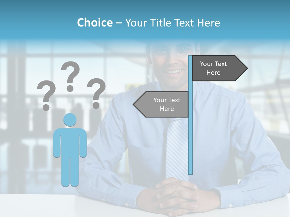 A Man In A Blue Shirt And Tie Sitting At A Table PowerPoint Template