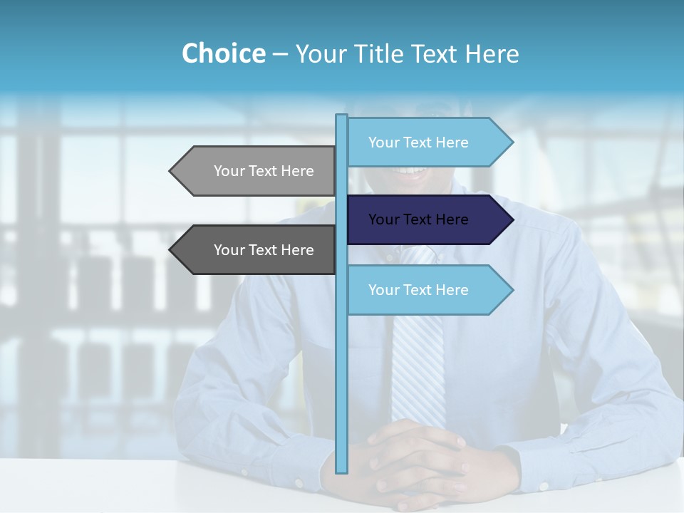 A Man In A Blue Shirt And Tie Sitting At A Table PowerPoint Template