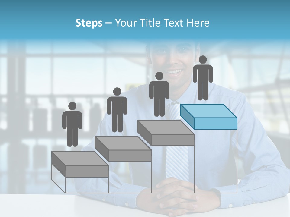 A Man In A Blue Shirt And Tie Sitting At A Table PowerPoint Template