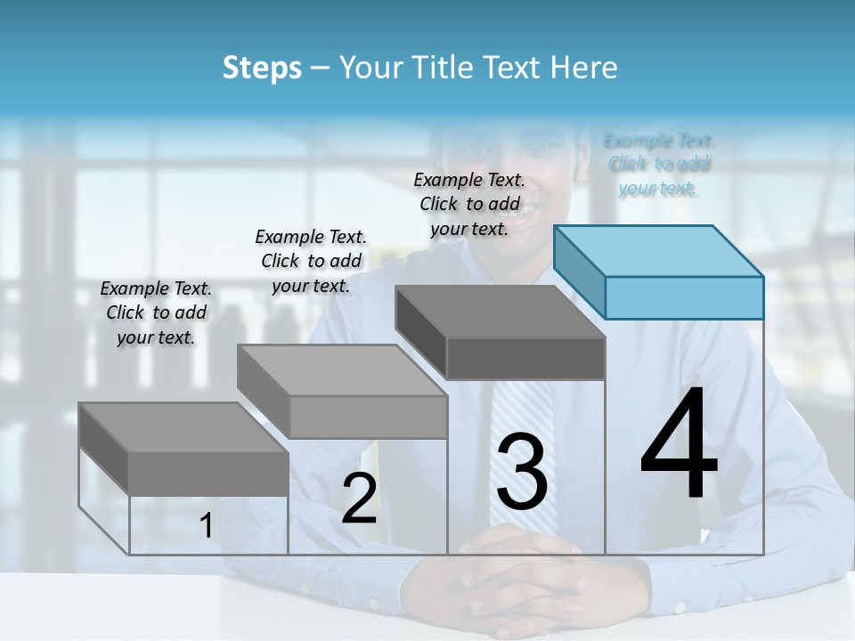 A Man In A Blue Shirt And Tie Sitting At A Table PowerPoint Template
