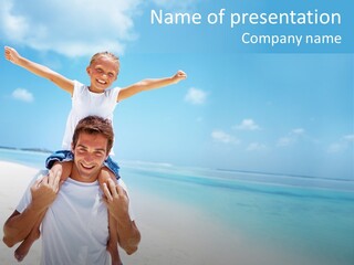 A Man Carrying A Child On His Shoulders On The Beach PowerPoint Template