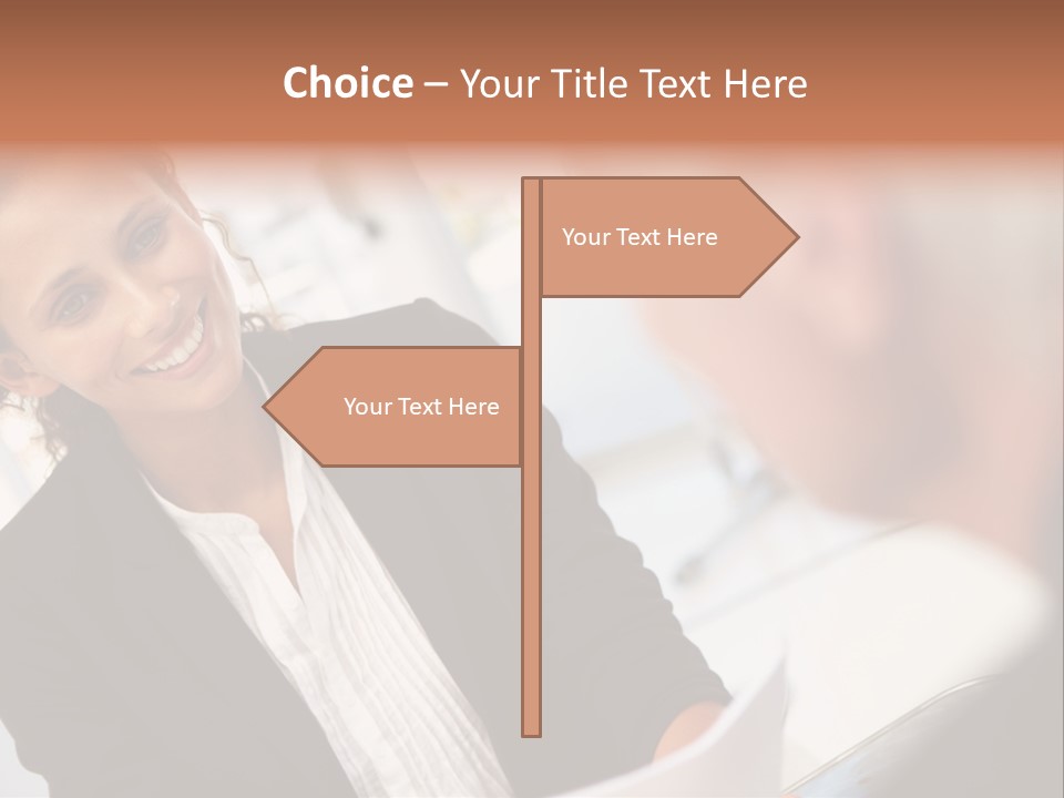 A Woman Sitting At A Desk Talking To A Man PowerPoint Template