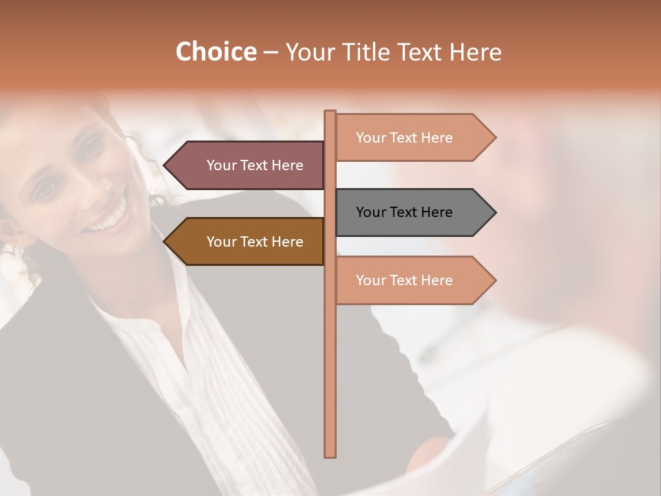 A Woman Sitting At A Desk Talking To A Man PowerPoint Template