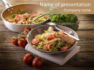Two Pans Filled With Pasta And Vegetables On A Wooden Table PowerPoint Template