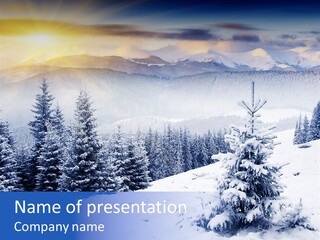 A Snowy Mountain Landscape With Pine Trees In The Foreground PowerPoint Template