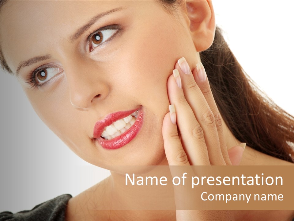 A Woman Holding Her Hand Up To Her Face PowerPoint Template