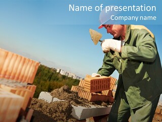 A Man In A Hard Hat And Overalls Working On Bricks PowerPoint Template