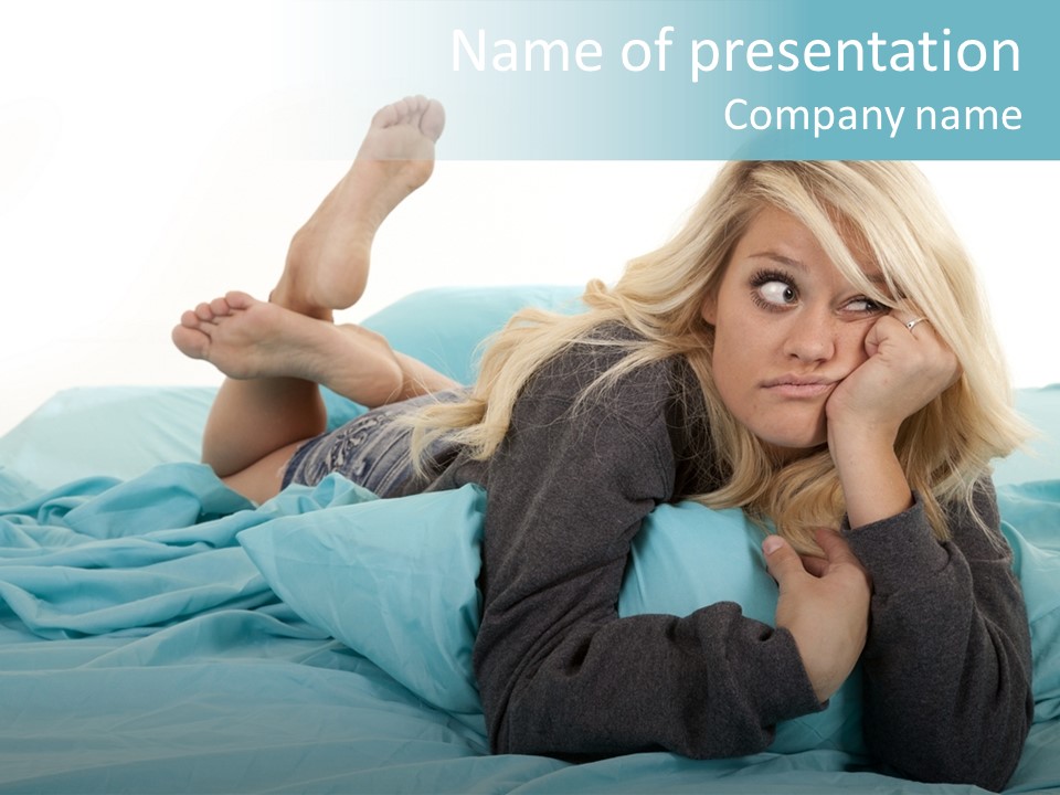 A Woman Laying On A Bed With A Blue Blanket PowerPoint Template