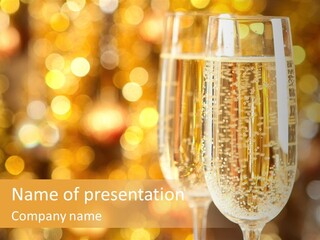 Two Glasses Of Champagne On A Table With A Gold Background PowerPoint Template