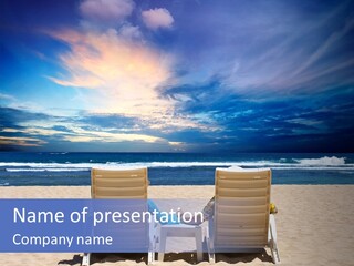 Two Chairs Sitting On A Beach Facing The Ocean PowerPoint Template