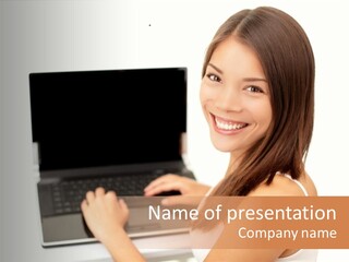 A Woman Holding A Laptop Computer With A Smile On Her Face PowerPoint Template