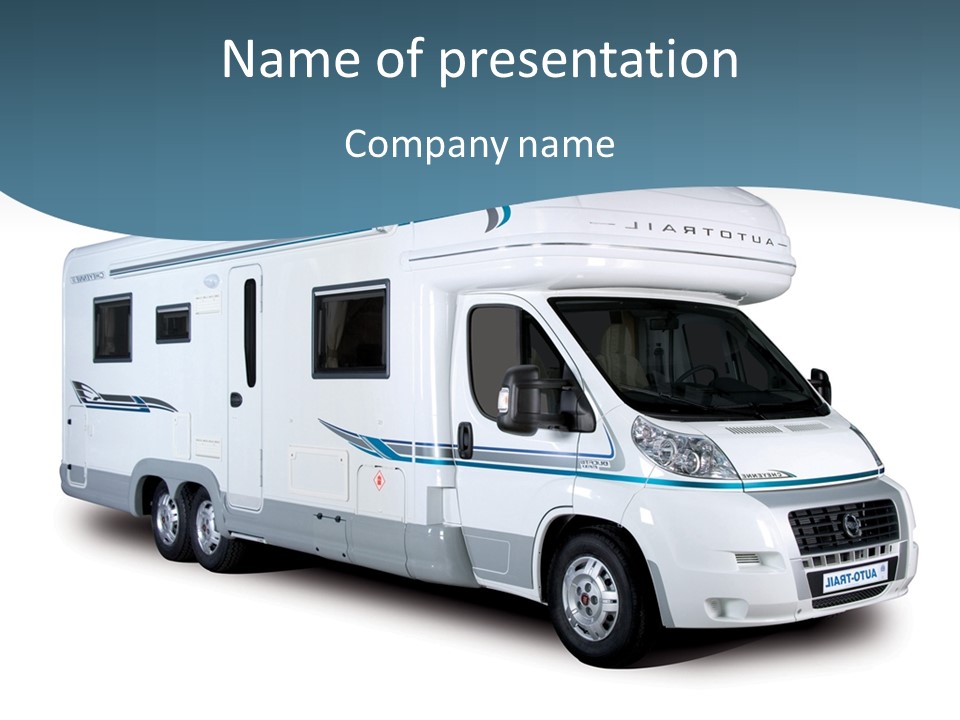 A White Motor Home With A Blue Stripe On The Side PowerPoint Template