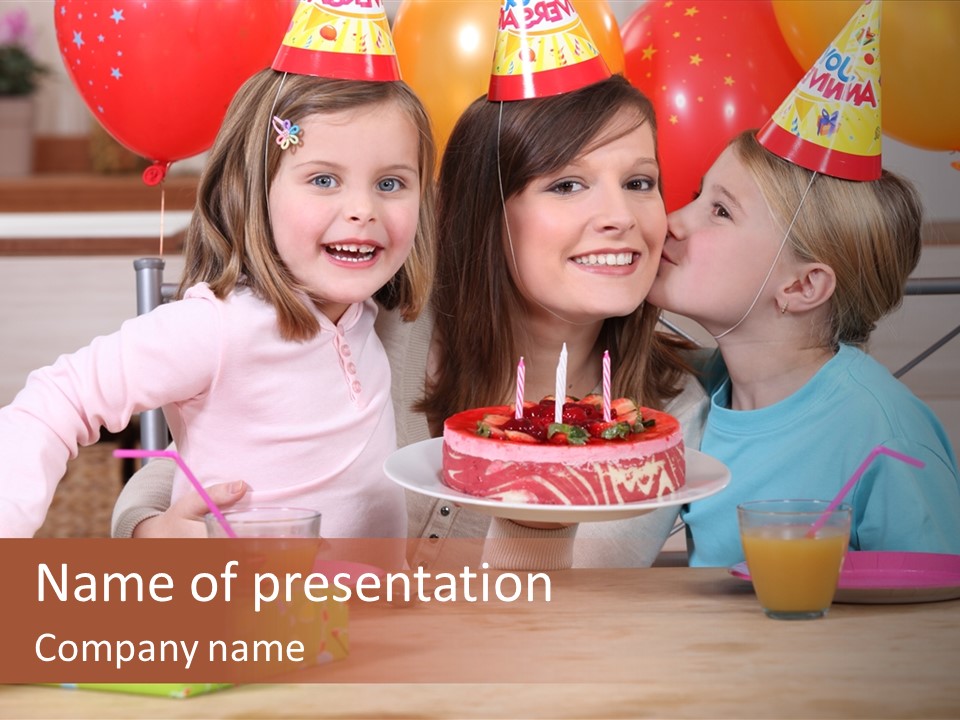 A Woman And Two Children With A Birthday Cake PowerPoint Template