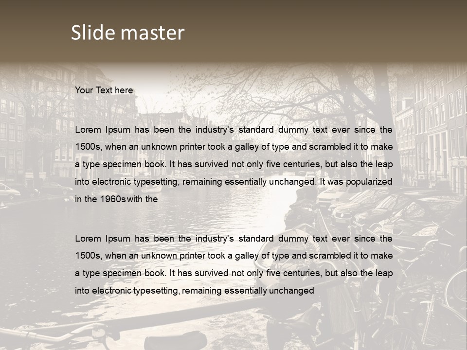 A Row Of Parked Bicycles Next To A River PowerPoint Template