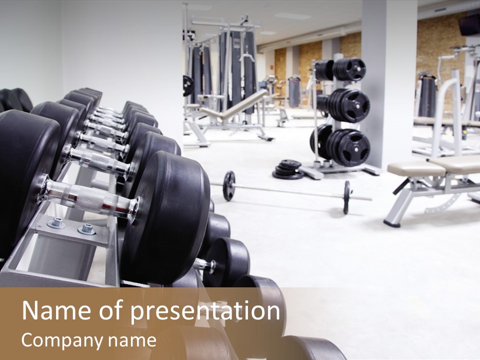 A Row Of Dumbbells In A Gym Powerpoint Template PowerPoint Template