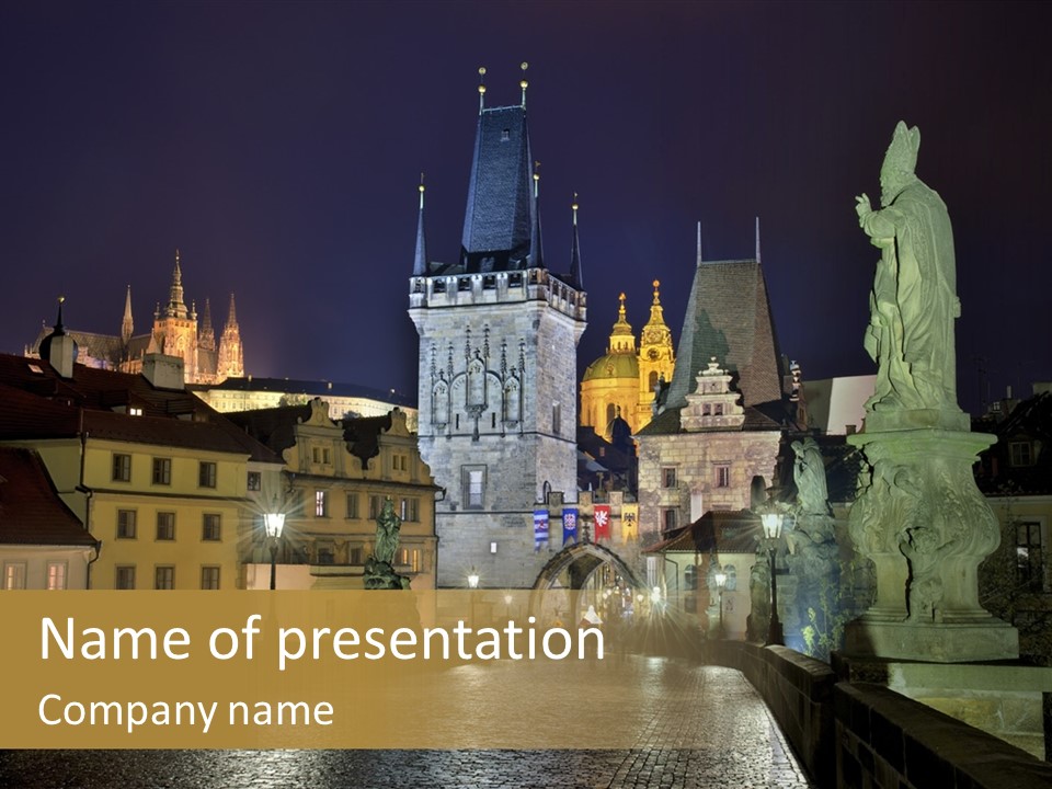 A Cityscape At Night With A Statue In The Foreground PowerPoint Template