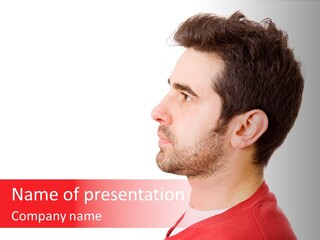 A Man In A Red Shirt Is Looking Away From The Camera PowerPoint Template