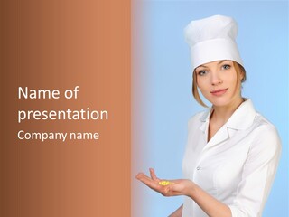 A Woman In A Chef's Hat Is Holding Out Her Hand PowerPoint Template