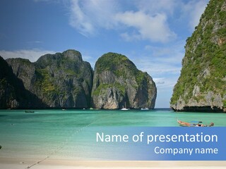 A Beach With A Boat In The Middle Of It PowerPoint Template