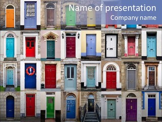 A Bunch Of Different Colored Doors On A Building PowerPoint Template