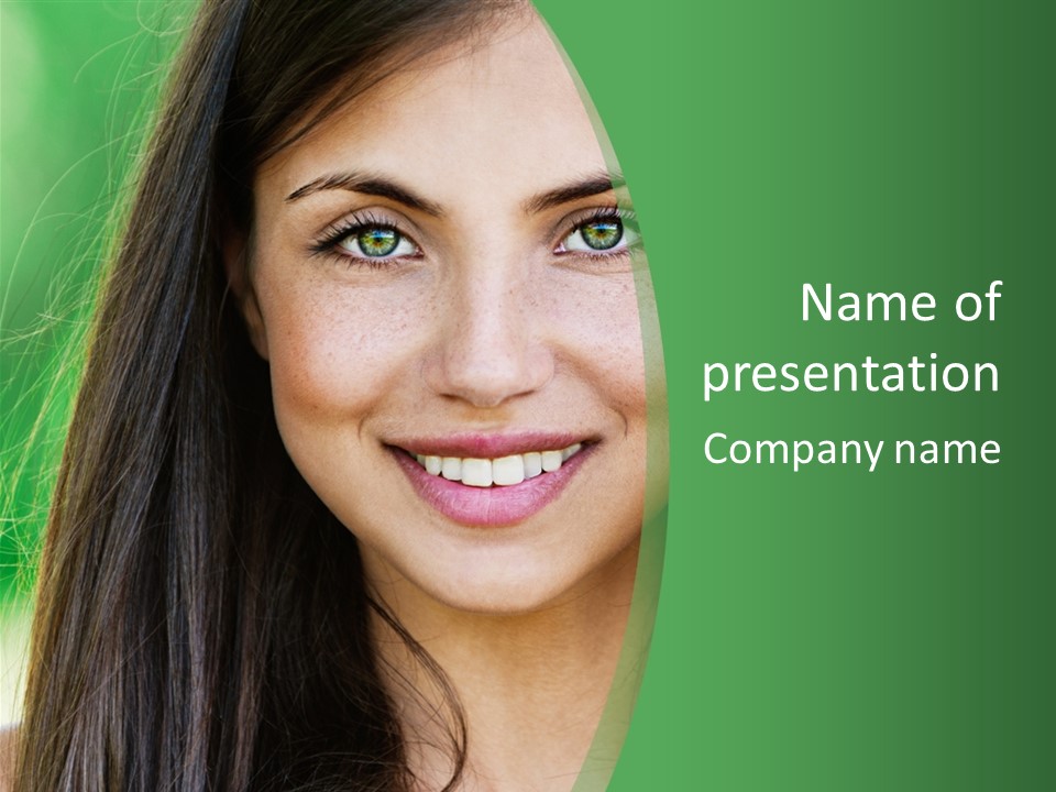A Woman With Long Hair And Green Eyes Is Smiling PowerPoint Template