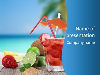 A Drink With Strawberries And Limes On A Wooden Table PowerPoint Template