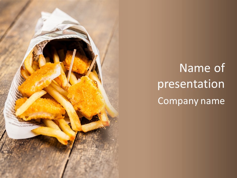 Wood Table Bag Fish And Chips PowerPoint Template