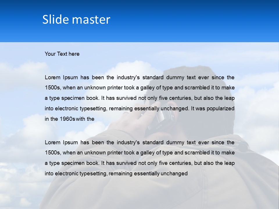 A Man Talking On A Cell Phone With Clouds In The Background PowerPoint Template