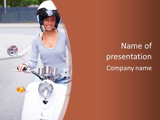 A Woman Is Riding A Moped On The Street PowerPoint Template