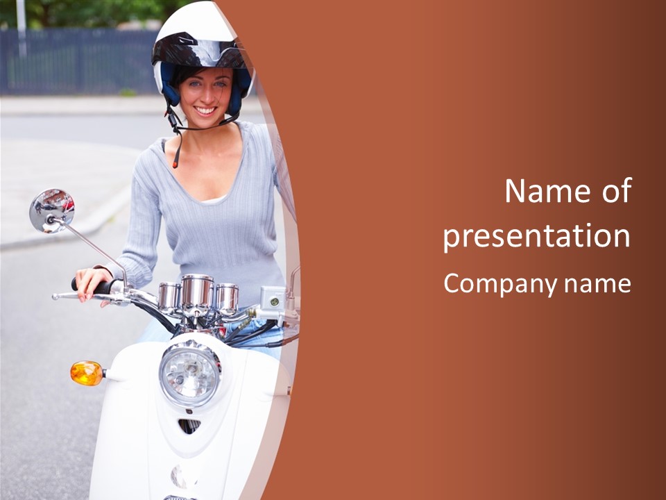 A Woman Is Riding A Moped On The Street PowerPoint Template