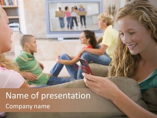 A Woman Sitting On A Couch Looking At A Cell Phone PowerPoint Template