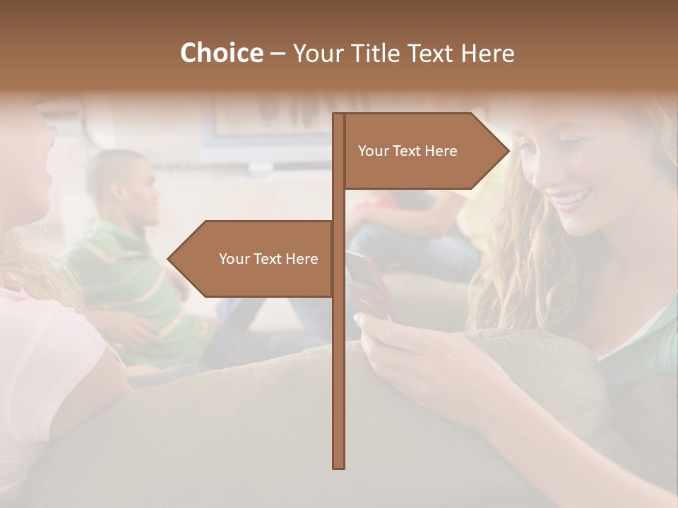 A Woman Sitting On A Couch Looking At A Cell Phone PowerPoint Template