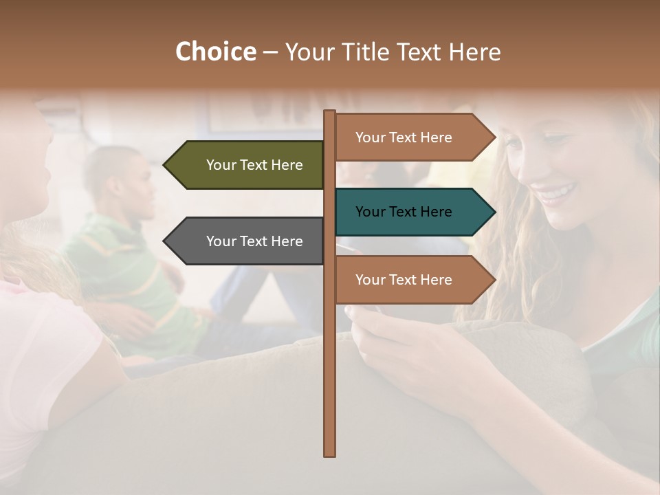 A Woman Sitting On A Couch Looking At A Cell Phone PowerPoint Template