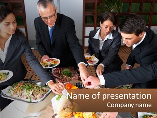 A Group Of People Standing Around A Table With Plates Of Food PowerPoint Template