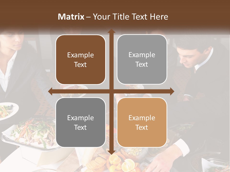 A Group Of People Standing Around A Table With Plates Of Food PowerPoint Template