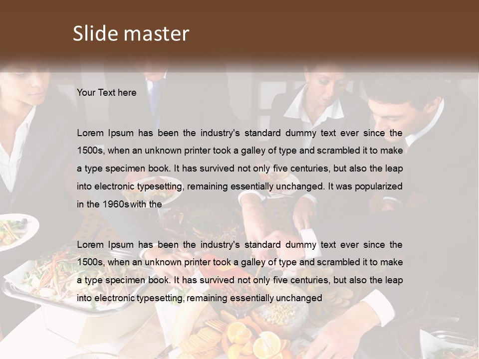 A Group Of People Standing Around A Table With Plates Of Food PowerPoint Template