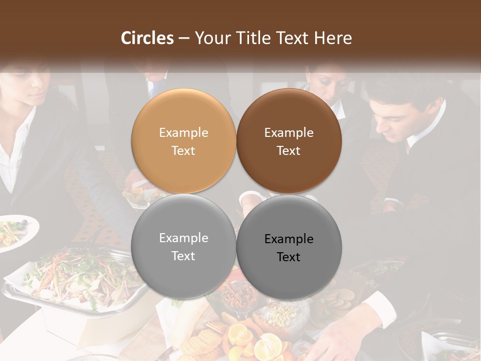 A Group Of People Standing Around A Table With Plates Of Food PowerPoint Template