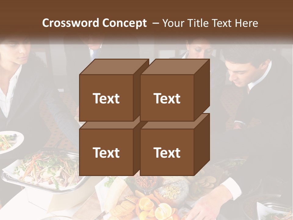 A Group Of People Standing Around A Table With Plates Of Food PowerPoint Template