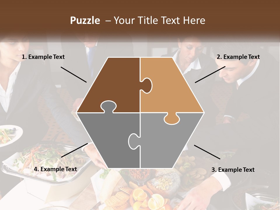 A Group Of People Standing Around A Table With Plates Of Food PowerPoint Template