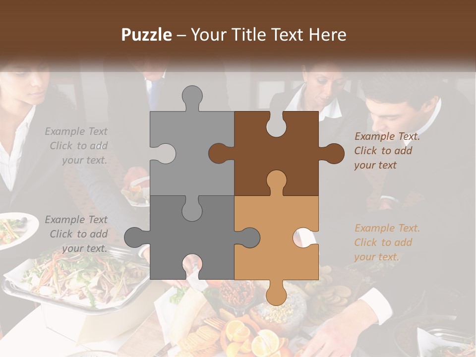 A Group Of People Standing Around A Table With Plates Of Food PowerPoint Template