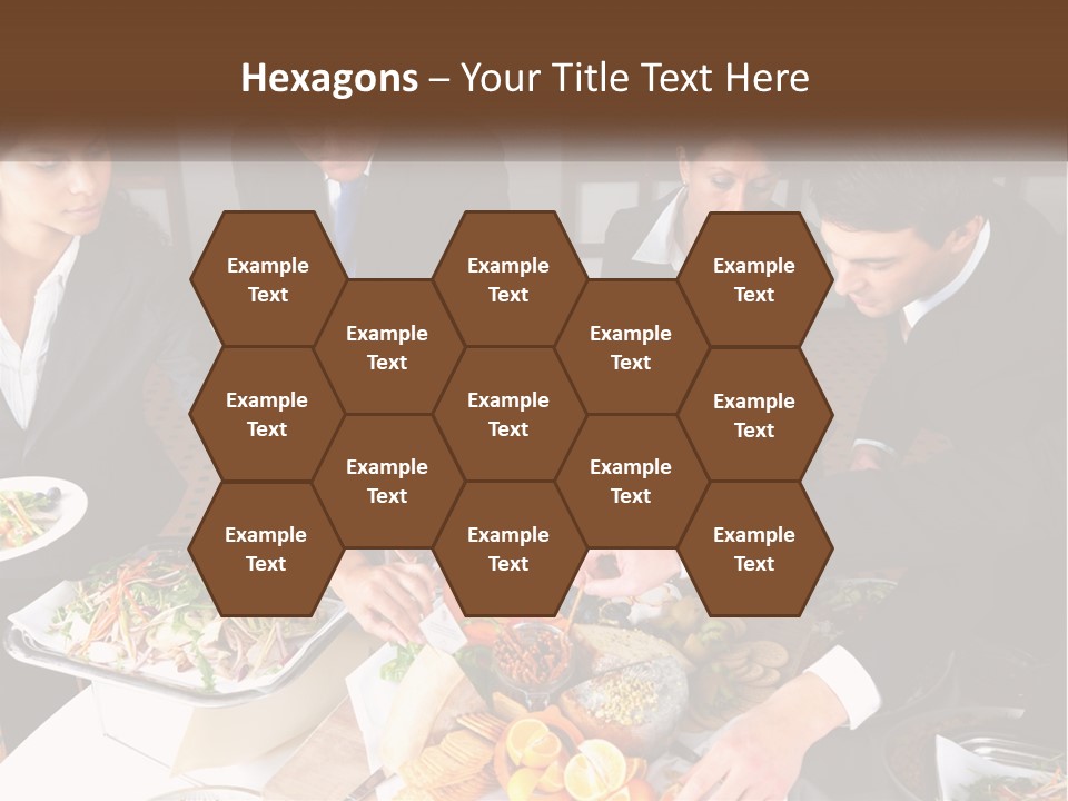 A Group Of People Standing Around A Table With Plates Of Food PowerPoint Template