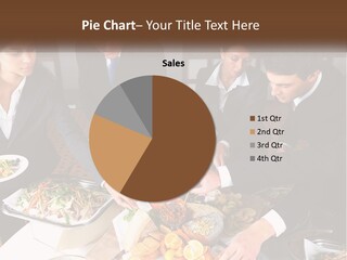 A Group Of People Standing Around A Table With Plates Of Food PowerPoint Template