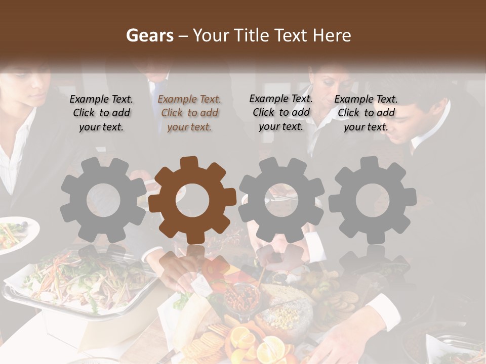 A Group Of People Standing Around A Table With Plates Of Food PowerPoint Template