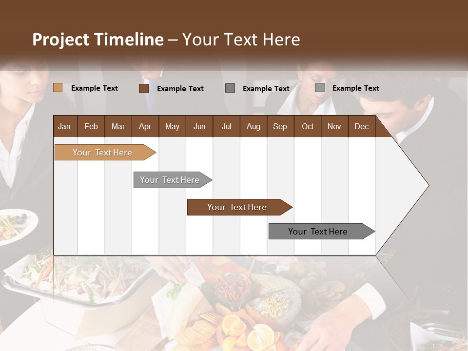 A Group Of People Standing Around A Table With Plates Of Food PowerPoint Template