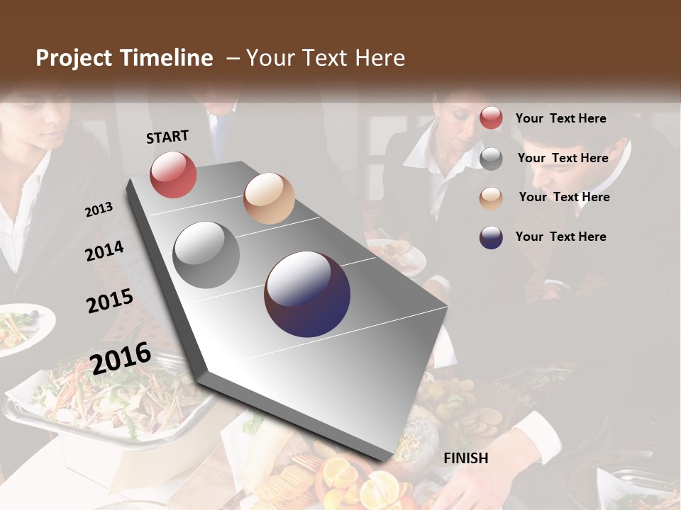 A Group Of People Standing Around A Table With Plates Of Food PowerPoint Template