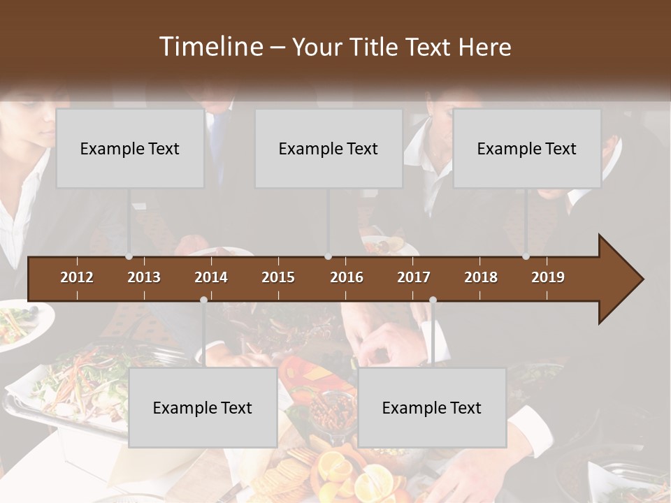 A Group Of People Standing Around A Table With Plates Of Food PowerPoint Template
