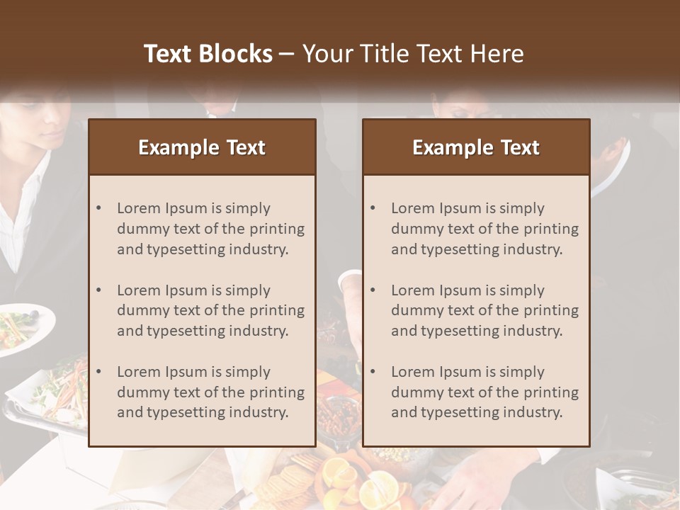 A Group Of People Standing Around A Table With Plates Of Food PowerPoint Template