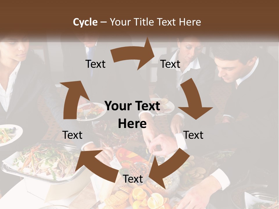 A Group Of People Standing Around A Table With Plates Of Food PowerPoint Template